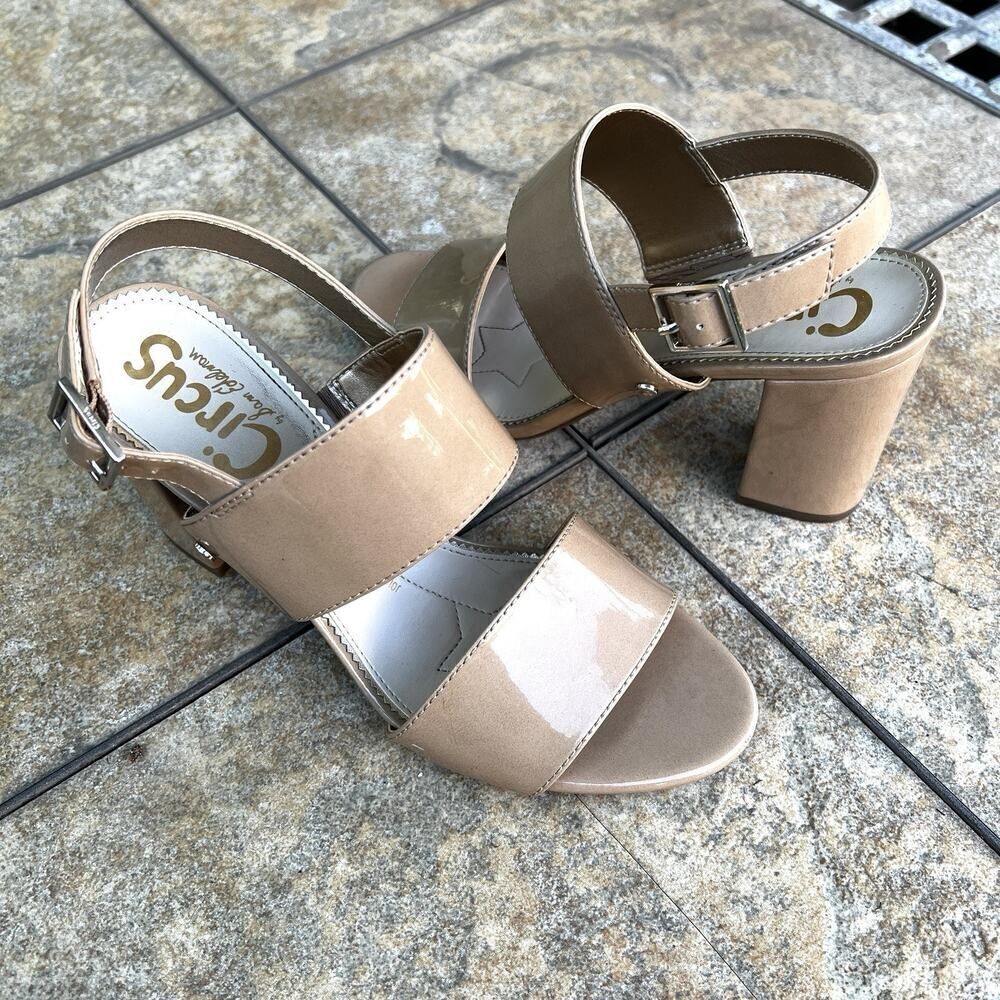 Sam Edelman Women 8.5M Beige Glossy Faux Leather Sling Back Open Toe Heel Sandal